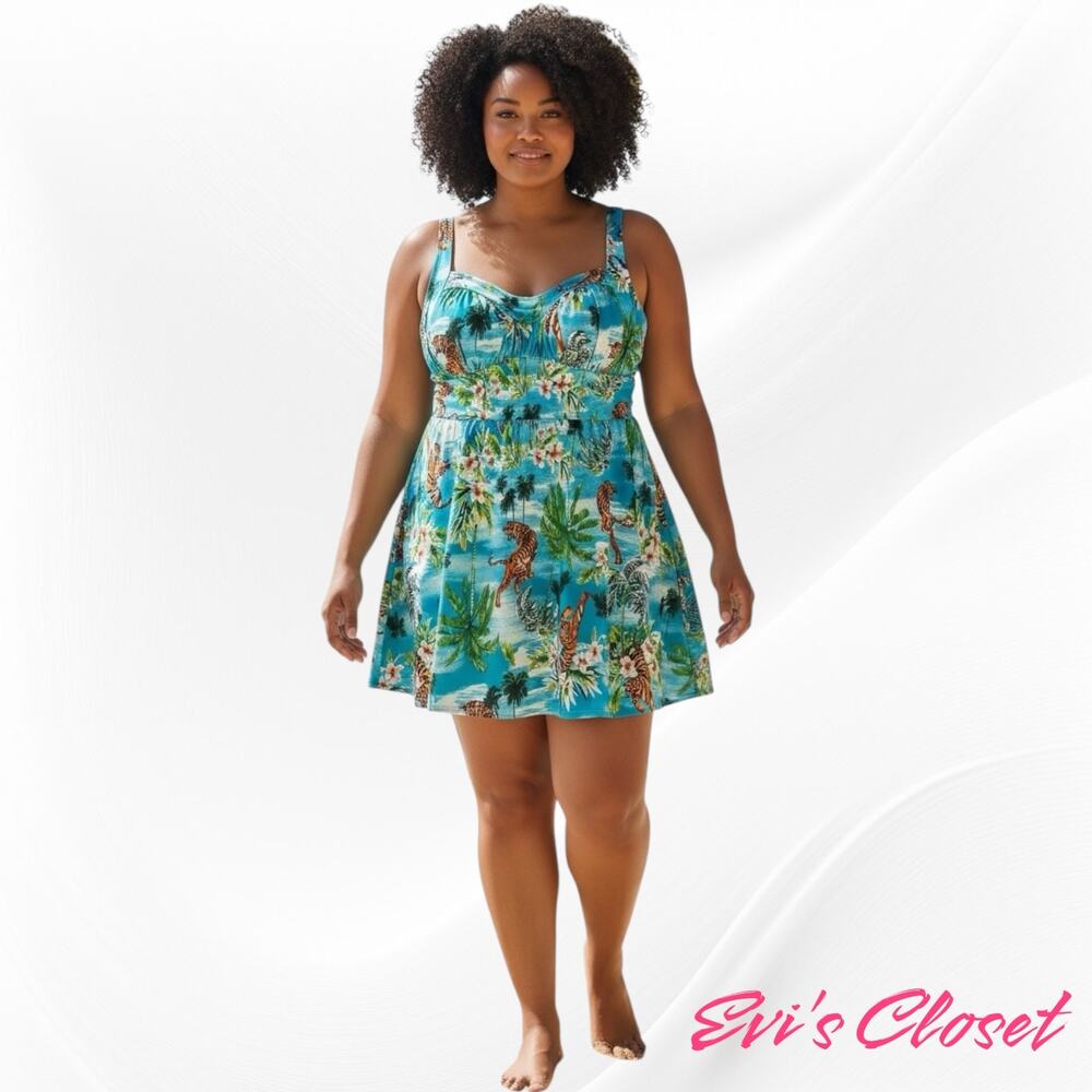torrid Teal Tropical Print Skirted Swimdress